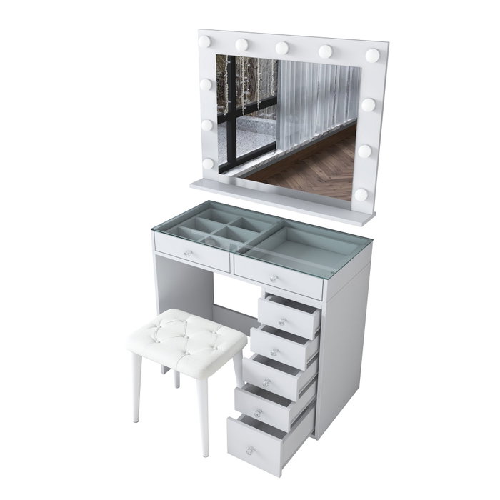 Hanah Home Mesa de Maquillaje Blanca con Espejo de 11 Focos y Puff Hanah Home Mesa de Maquillaje Blanca con Espejo de 11 Focos y Puff